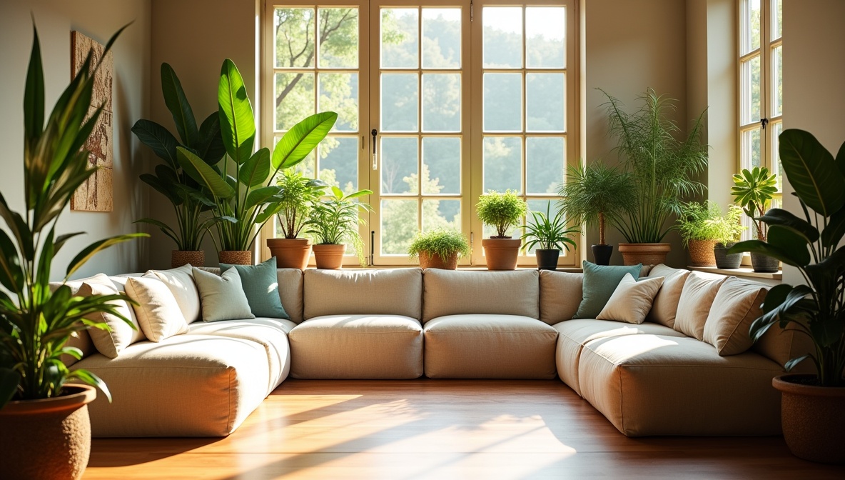 Cozy relaxation zone with soft seating and plants